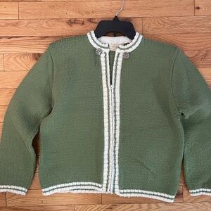 Vintage Green Knit Cardigan with White Trim